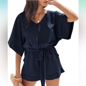 V-Neck Romper Short Sleeve Jumpsuit High Waist Belted w/ Pockets (medium)